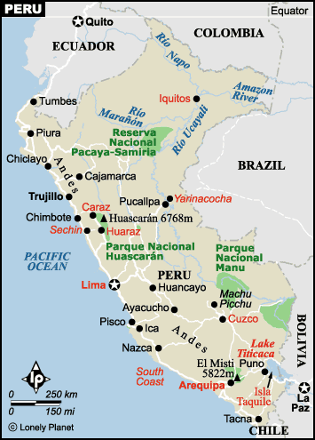 Kaart met plaatsen in Peru